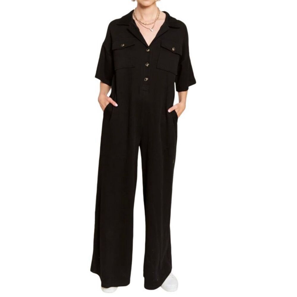 Jade by Jane Black Knit Button Front Wide Leg Jumpsuit N0237